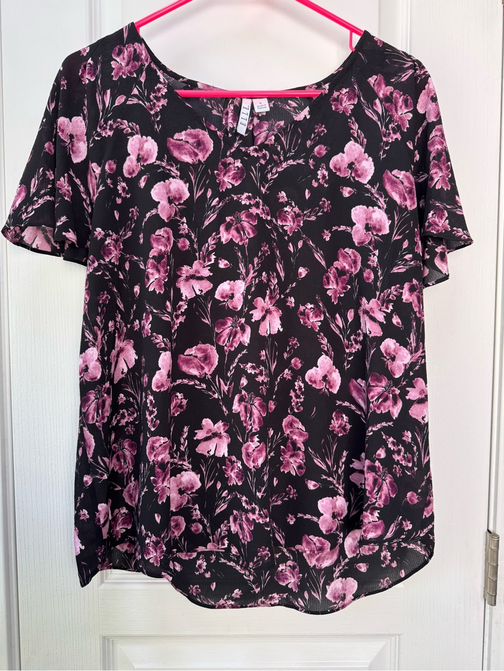 Elle Black Short-Sleeve Blouse with Pink Floral Print